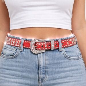 Red Crystal Western-Inspired Women's Belt with Sparkling Buckle EUC